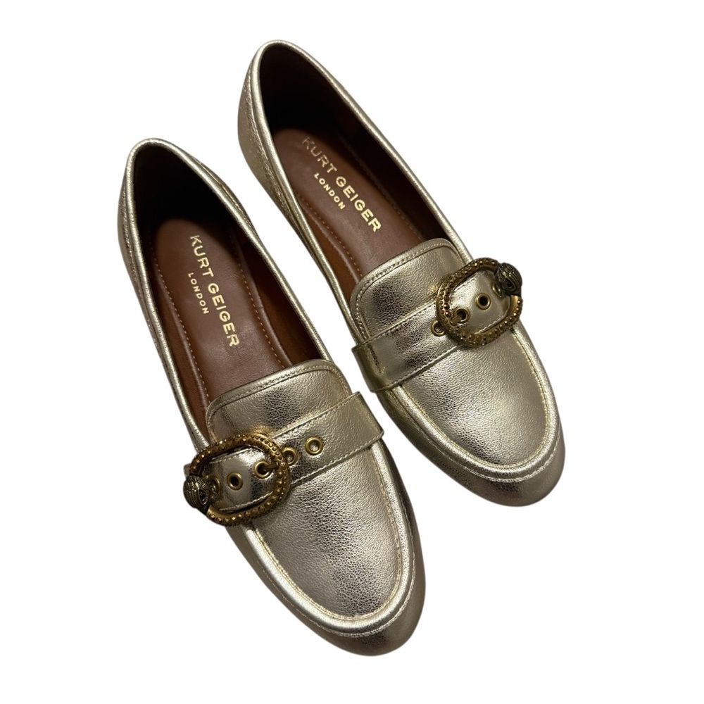 Kurt Geiger London “Mayfair” Metallic Gold Leather Buckle Loafers size 39 (8.5)